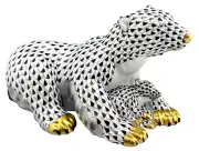 HEREND Classic Kingdom Large Polar Bear & Cub Black Fishnet Porcelain Figurine