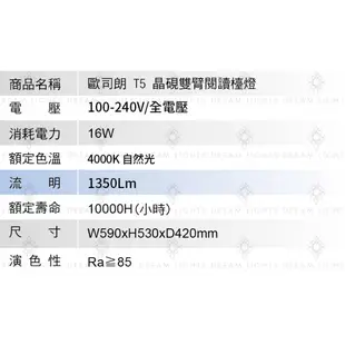 【歐司朗 OSRAM】16W T5防眩高演色性晶硯雙臂閱讀檯燈(黃光)【實體門市保固】護眼檯燈