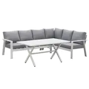 Jervis 2-In-1 White Aluminium L-Shaped Sofa Lounge Dining Set – Pebble Grey Cushions