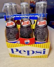 Vintage Pepsi Cola 6 Pack Full 16 oz Glass Bottles Cardboard Challenge Carrier