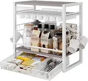 TQVAI Coffee Bar Station Organizer for Countertop, 70 Capsule K Cup Holder with Mugs Hooks, Pull Out Coffee Pod Organizer for Syrup Pack, Tea Bag, Bean, White