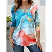 Women's T Shirt Graphic Abstract Vintage Stylish Casual Long Sleeve V Neck Regular Tops Daily Cut Out Print Blue Purple Green Spring Fall