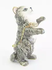 Cat Jewelled & Enamelled Trinket Box Or Figurine, Grey & White Tabby