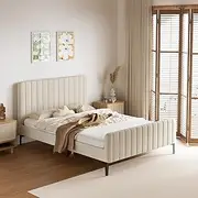Oikiture Double Bed Frame with Velvet Fabric and Solid Slats Mattress Platform Bed Base Beige