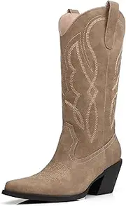 [DANAZANA] Embroidered Cowgirl Boots Women's Wide Calf Pointed Toe Cowboy Boots With Side Half Zip Mid Calf Block Heel Western Boots Lady Retro Country Boots Size 7-10