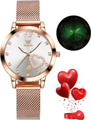 OLEVS Ladies Watch Japanese Quartz Rose Gold Stainless Steel Mesh Strap Diamond Luxury Dress Waterproof Luminous Bracelet Sets