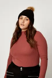 Black Plus Faux Fur Pom Pom Cable Detail Beanie