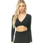 Forever 21 Crop Top Womens Size L Metallic Stripe Tie Front Black V-Neck NWT
