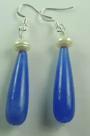 Blue Long Agate Briolette Earrings with Freshwater Pearls Handmade Jewelry