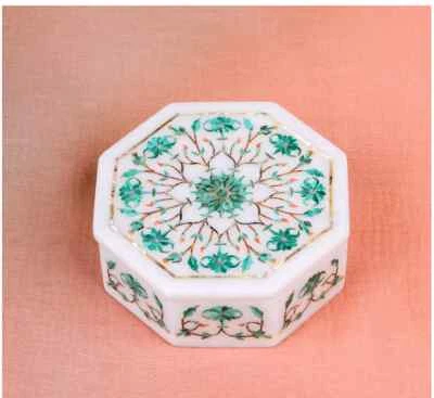 4.5" white Marble Trinket Jewelery Box green Malachite Inlay pietra dura c15