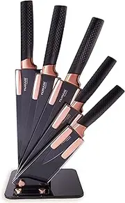 Knife Set,5 Piece Kitchen Knife Set with Sheath,Stainless Steel Sharp Professional Matte Black Titanium Plated Chef Knives Set Scratch Resistant and Rust Proof for Home Kitchen and Restaurant