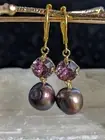 Dark Purple Baroque Pearl With Purple Crystal Drop Down Earrings