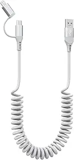 MFi Certified Retractable Car Charger Cable 2-in-1 USB to Lightning and USB-C Coiled Cord with 3A Fast Charge & Apple CarPlay & Android Auto Sync for iPhone 16/15/14/13, Samsung, Pixel