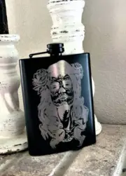 Stainless Steel Liquor Hip Whiskey Flask, With Funnel, Day Of The Dead Skull Art
