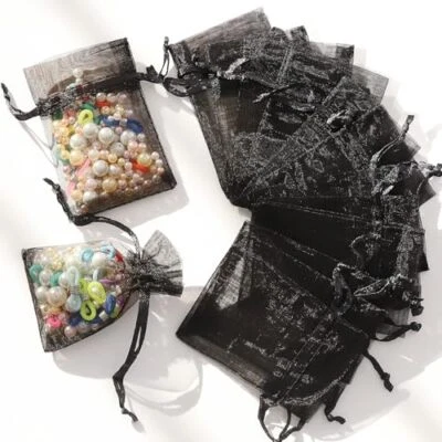 100pcs Organza Bags, 2x3inch Black Drawstring Jewelry Bags, Mini Mesh black