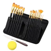 15Pcs Artist Watercolour Oil Paint Brushes Bag Set with Sponge and Scraper-Black