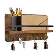 Mail & Key Holder For Wall, Decorative Wooden Wall Shelf With Hooks,Wall Mount