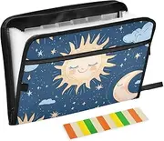 Quteprint 13 Pockets Expanding File Folder with Zipper Closure, Moon Sun Stars Ethnic Accordion File Folder with Sticky Labels, Letter Size A4 Papers Expandable File Document Organizer
