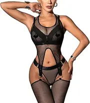 [JINZIJINYU] Sexy Bodysuit Crotchless Sexy Fishnet Splicing Sexy Body Shaping Stockings See Through Underwear Three Piece Set Tights Jumpsuit