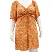 Cotton On NEW Orange Floral Cinch Tie-Front Smocked Boho Dress Women's 16 Plus