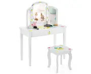 Giantex 2-in-1 Kids Vanity Table Stool Set Tri-Folding Mirror Makeup Table Cute Patterns w/Storage Drawer