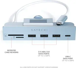 【日本代購】Satechi iMac24英寸用USB-C 夾式集線器(藍色) (2021 iMac適用) USB-C 數據端口, 3xUSB-A 3.0, Micro/SD卡讀卡器