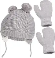 [Yardenfun] Winter Fleece Lined Hat and Gloves Warm Beanie Cap with Stretchy Mittens for Boys for Outdoor Play and Cold Weather Grey