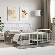 Metal Bed Frame King Size, White Finish - Strong Metal Slats & Legs, Bedroom Furniture, Extra Storage, Functional BedHead and Footboard, Portable Bedframe