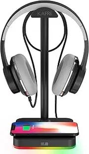KAFRI RGB Headphone Stand with Wireless Charger Desk Gaming Headset Holder Hanger Rack with 10W/7.5W Fast Charge QI Wireless Charging Pad - Suitable for Gamer Desktop Table Game Earphone Accessories