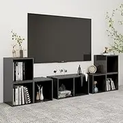TV Stand Set High Gloss Grey Entertainment Cabinet, Table, Storage, Stands, Living Room & Bedroom Furniture