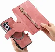 Magnetic Suction Detachable Zipper Card Leather Phone Case for Samsung Galaxy Z Fold 5 4 3 Case Z Fold3 Protective Cover,Pink,for Samsung Z Fold5
