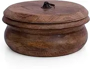 Handcrafted Wooden Mexican Tortilla Warmer Basket Indian Chapati Roti Bread Holder Box Pancake Keeper Serveware Hot Pot Casserole Dish With Lid Home Kitchen Dining Decor, Natural Brown, 9 x 4 Inches