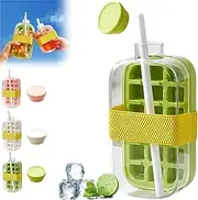 Ice Cube Bottle Tray with Lid, Crush Cup, My Crush Cup Ice, One-Touch Ice Release & No Touching, Ice Cube Making Bottle 2 in 1 Touch-Free Easy Press to Release Vertical for Freezer,Coffee Green 800ML