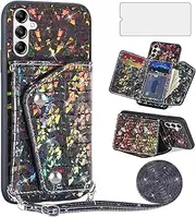 [Asuwish] Phone Case for Samsung Galaxy A14/M14 5G Wallet Cover with Tempered Glass Screen Protector and Card Holder Stand Leather Bling Glitter Cell Accessories A 14 4G 14A 14M G5 Women Men Black