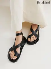 River Island Black Cross Over Footbed Sandals (W54045) | $88