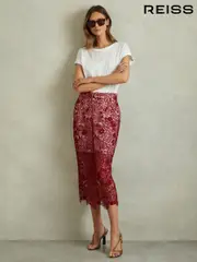 Reiss Burgundy Flo Sheer Lace Midi Pencil Skirt (Q78648) | $380