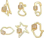 PLIGREAT 7 Pcs Brass Screw Carabiner Lock Charms, Oval Heart Star Mixed Shapes Necklace Lock Clip Charms Keychain Clip Hook for DIY Jewelry Making, Brass