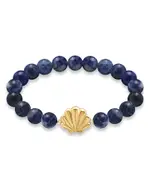 Aqua Clam Shell Charm Gemstone Beaded Stretch Bracelet in 18K Gold Plated Sterling Silver - Exclusive