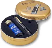 Kaweco PISTON SPORT AL Black/Gold Starter Set I Classic Aluminium Fountain Pen for Ink Bottles in Nostalgic Box including Kaweco Ink Bottle in Royal Blue I Piston Filler 13 cm I Nib: M (Medium)