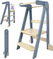 Xisiciao Foldable Toddler Kitchen Tower, Baby Montessori Kitchen Helper with Whiteboard and Safety Rail, Kids Wooden Learning Tower Adjustable Learning Step Stool (Grey)