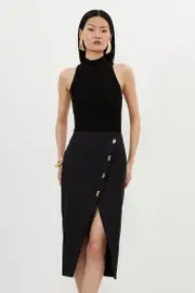 Techno Cotton Woven Pencil Skirt With Gold Clasp