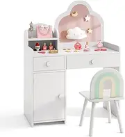 HONEY JOY 2-in-1 Kids Vanity Set w/Mirror, Princess Makeup Table w/Detachable Top, Chair, Storage Drawers & Cabinet, Anti-toppling Device, Children Pretend Play Vanity Ages 3-7 Years Old (White)