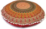 CRAFT KALA 22" Round Mandala Boho Pillow Cover Meditation Room Seating Poufs Cover for Living Room Yoga Room Home Bedroom Balcony Garden Party Decoration Cotton Floor Cushion Cover (Red Yellow)