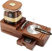 SEMKONT Cigar Humidor and Ashtray Set,Wooden Tray with Acrylic Humidor Jar,Cutter Holder,Drawer,Slot and Cigar Cutter Accessories,Home Gift Sets for Men (Brown-Square)