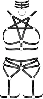 [BBOHSS] Women's Body Harness Pentagram Bra Set Punk Garter Leg Waist Dance Elastic Gothic Carnival Accessories