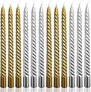 10 Inch Spiral Taper Candles Set for Christmas, 6 Gold and 6 Silver Unscented Twisted Candlesticks, Dripelss Thin Tapered Candles for Holiday Party Decoration