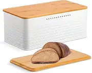 CARLA HOME Bread Bin Box Container with Bamboo Lid, Black Bread Storage Box with Bamboo Chopping Board for Kitchen Countertop Storage Organiser (White)