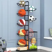 Ball Storage Rack and Football Stand - Sports Equipment Organizer for Garage With Basket - Indoor Basketball Holder and Toy Gear Storage