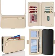 for iPhone 16 Plus Wallet Case for Women,for iPhone 16 Plus Case with Strap Crossbody Lanyard,Leather Shockproof Card Holder Stand Zipper Pocket Flip Phone Case-Beige