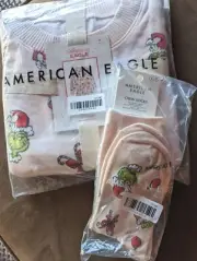 Ae American Eagle Grinch Plush Candy Cane Pj Pajama Set (M) w/Matching Socks O/S